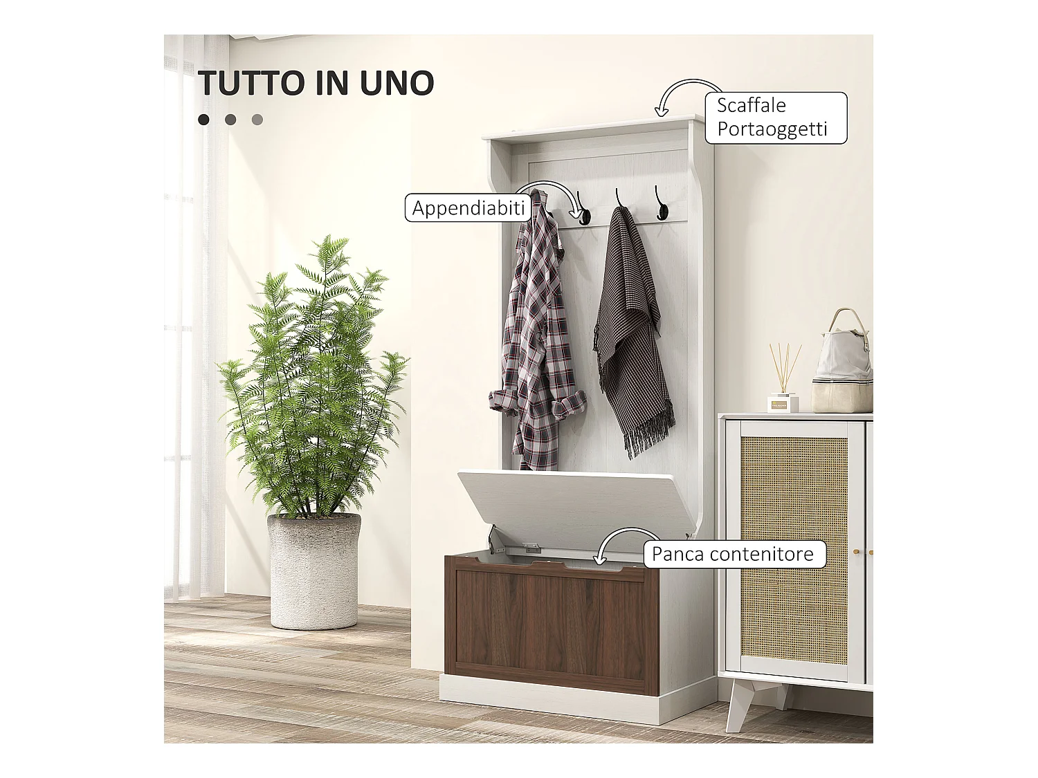 Mobile appendiabiti con 4 ganci e panca contenitore in legno bianco