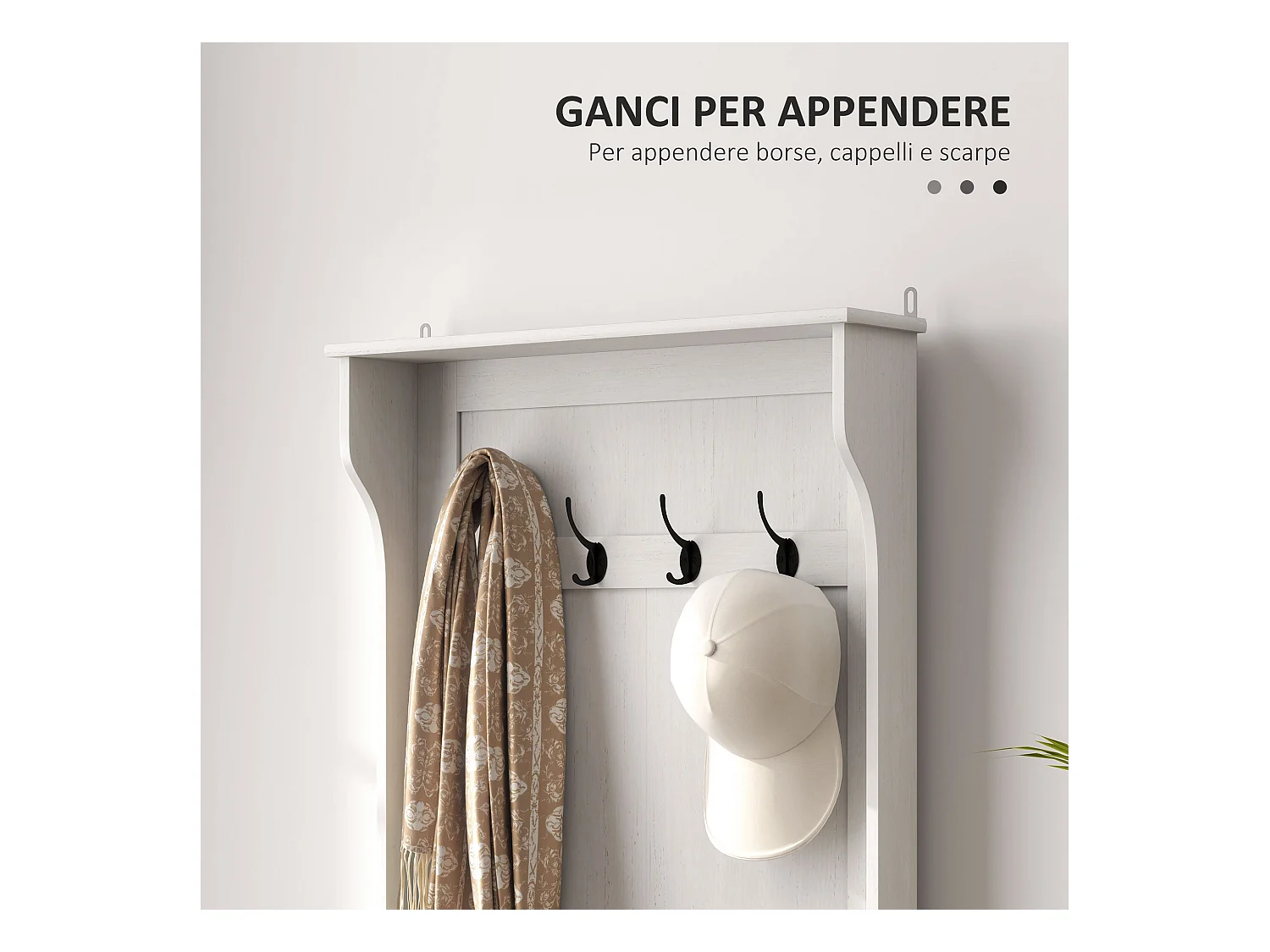 Mobile appendiabiti con 4 ganci e panca contenitore in legno bianco