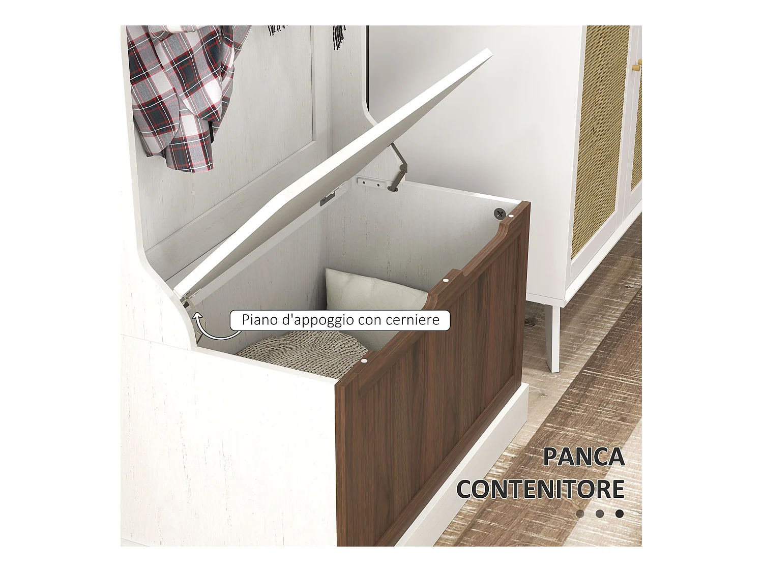 Mobile appendiabiti con 4 ganci e panca contenitore in legno bianco