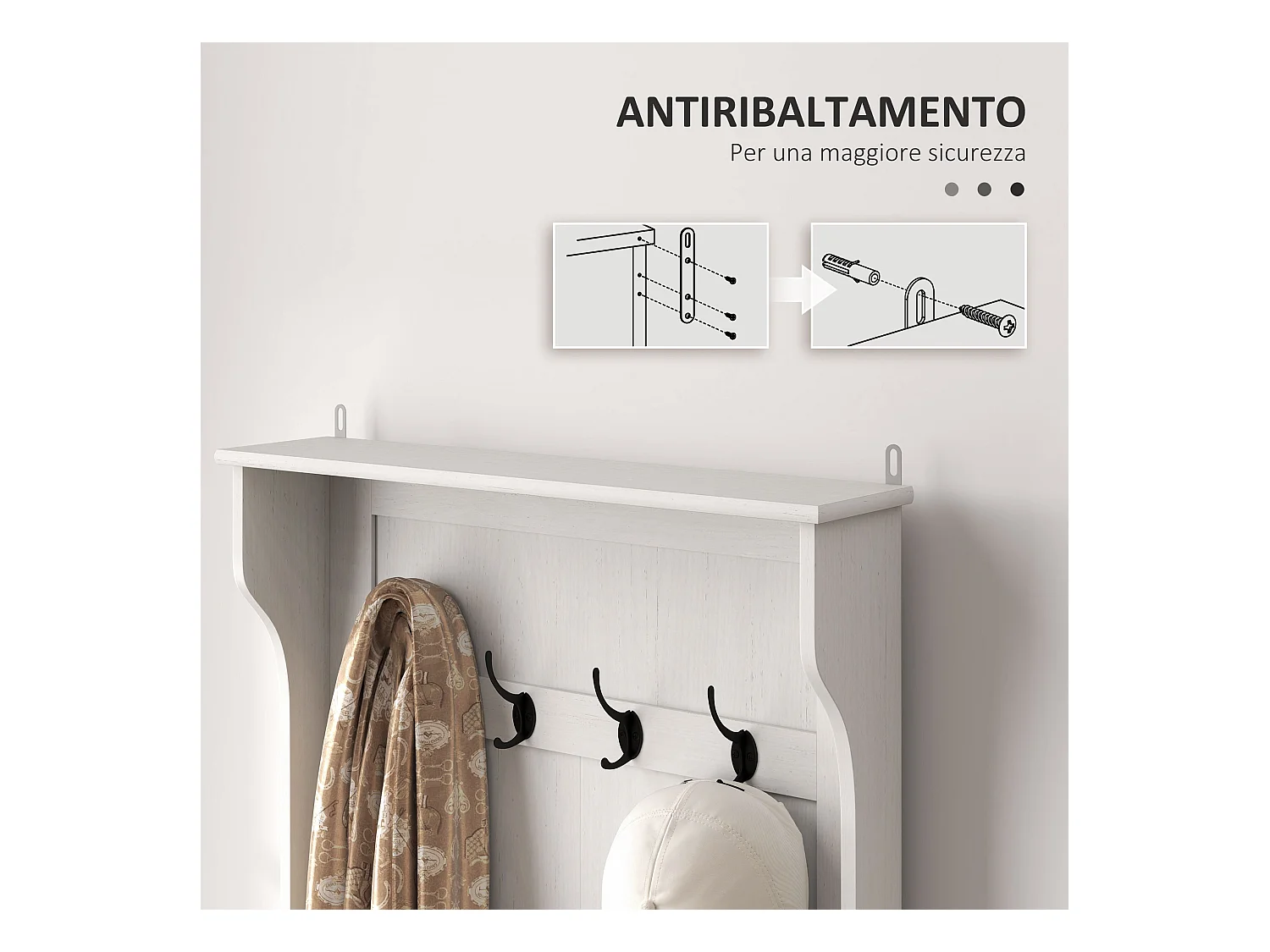 Mobile appendiabiti con 4 ganci e panca contenitore in legno bianco