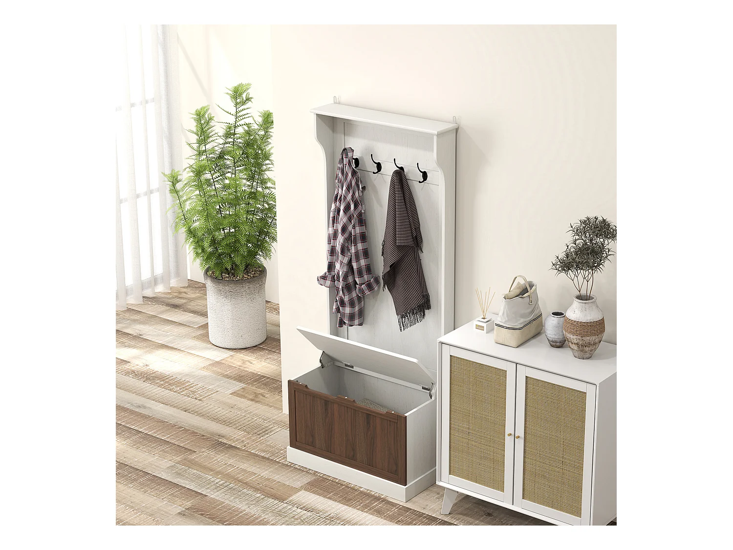Mobile appendiabiti con 4 ganci e panca contenitore in legno bianco