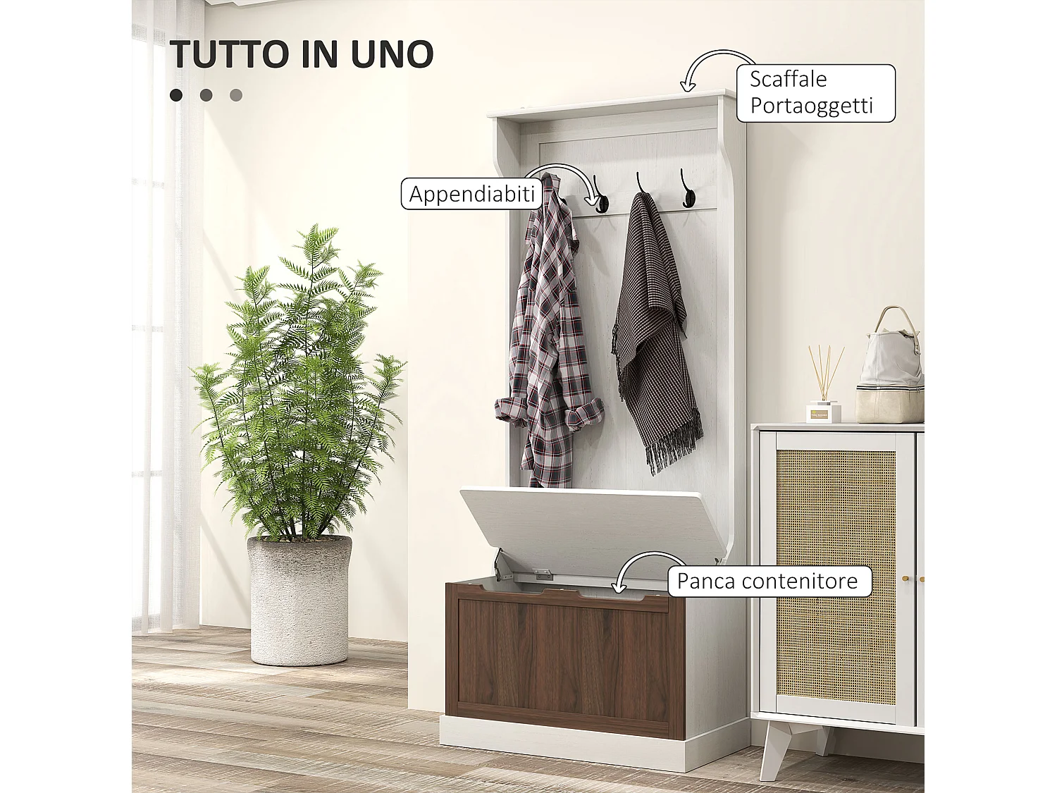 Mobile appendiabiti con 4 ganci e panca contenitore in legno bianco