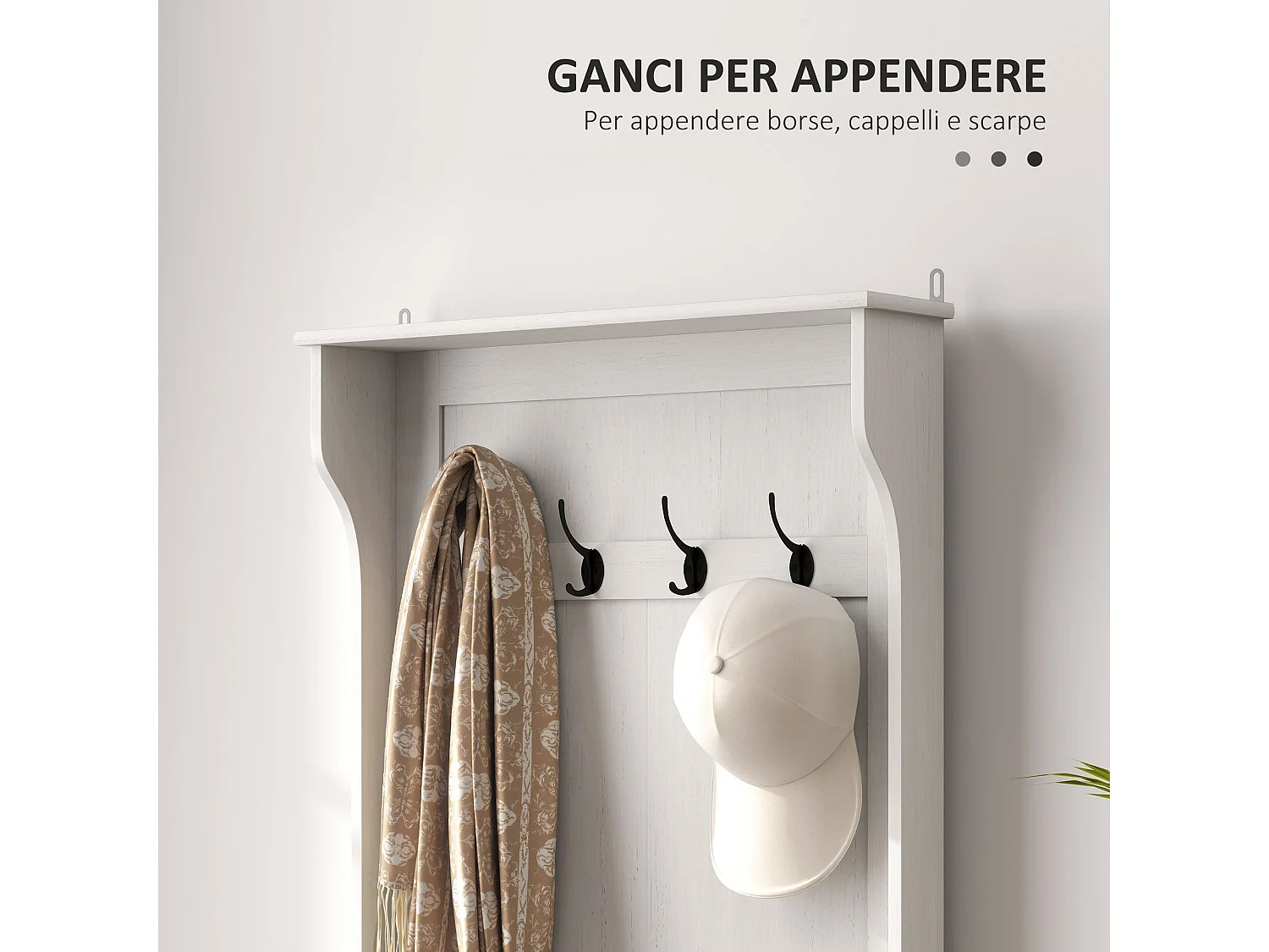Mobile appendiabiti con 4 ganci e panca contenitore in legno bianco
