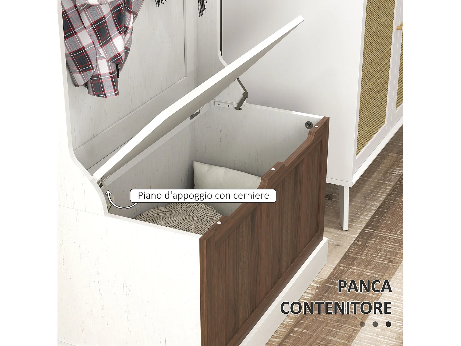 Mobile appendiabiti con 4 ganci e panca contenitore in legno bianco