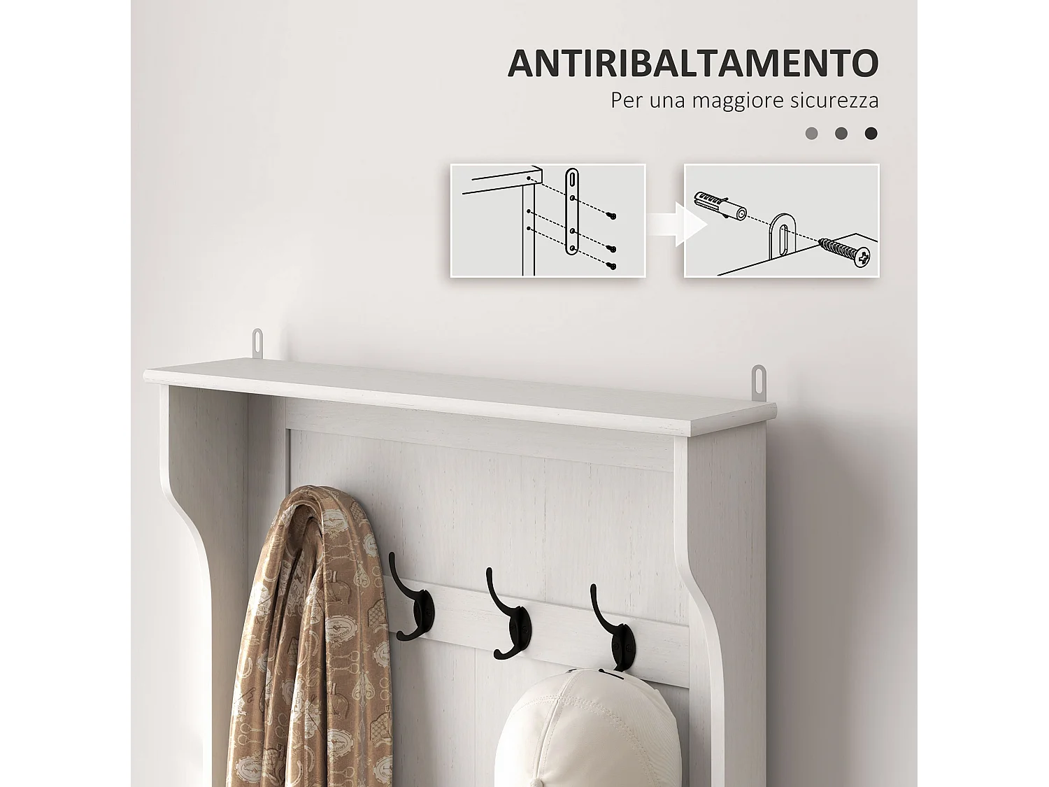 Mobile appendiabiti con 4 ganci e panca contenitore in legno bianco