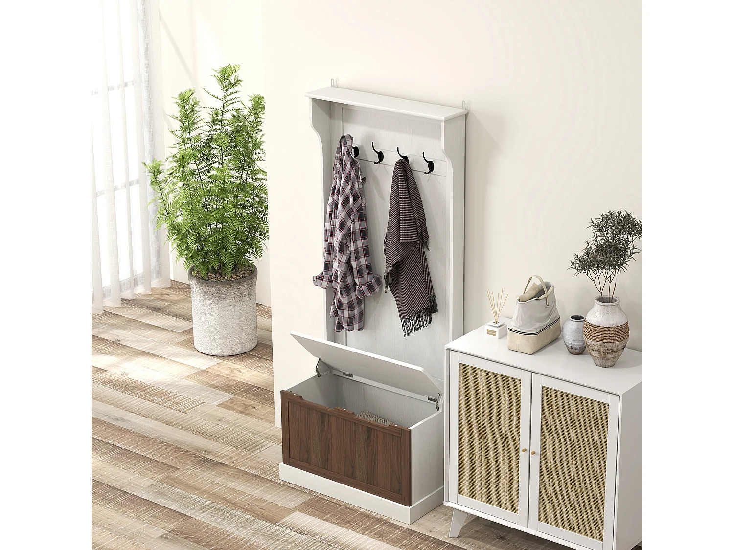Mobile appendiabiti con 4 ganci e panca contenitore in legno bianco