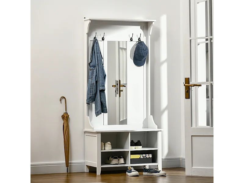 Appendiabiti attaccapanni con specchio e scarpiera in legno bianco
