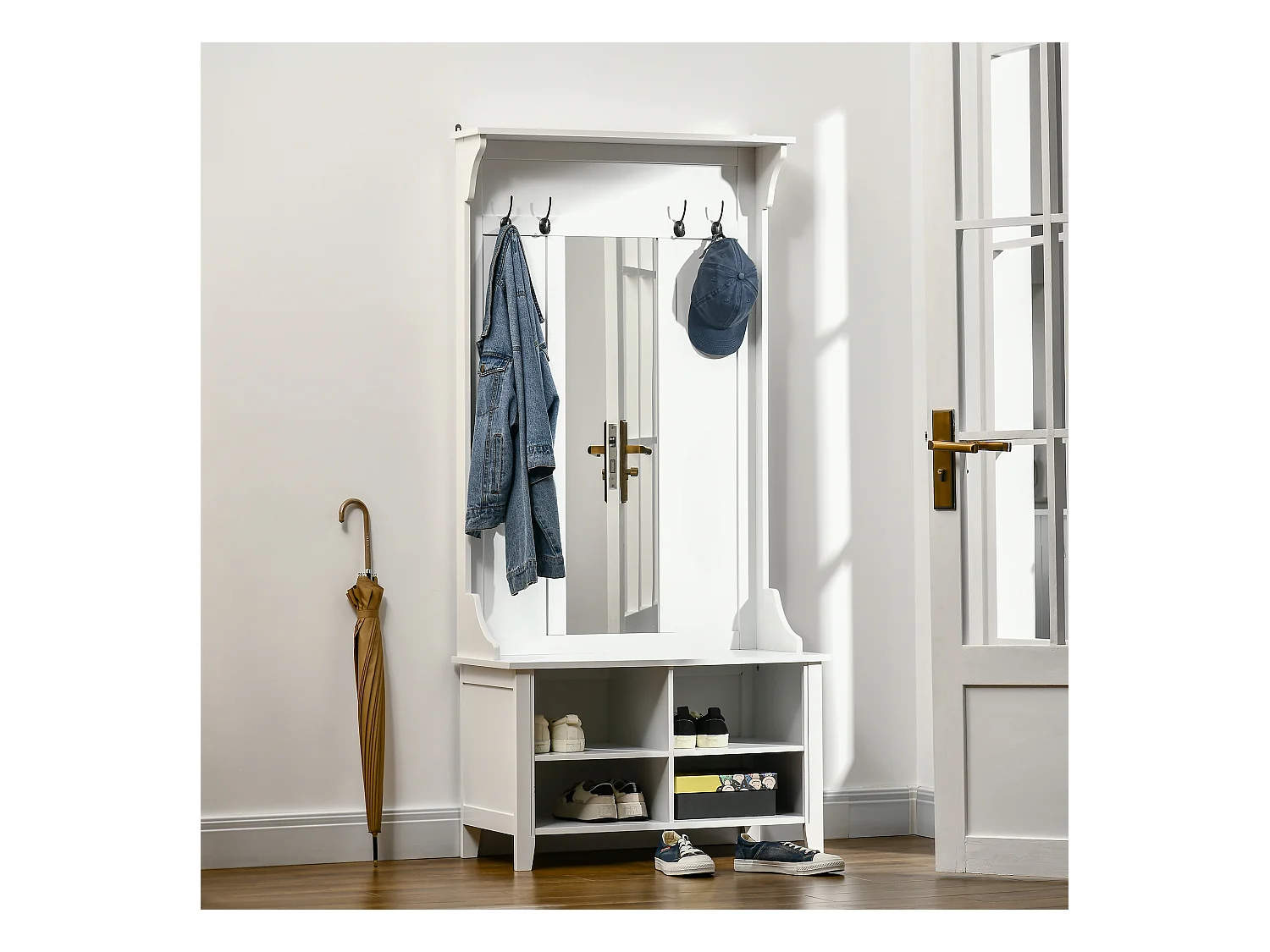 Appendiabiti attaccapanni con specchio e scarpiera in legno bianco