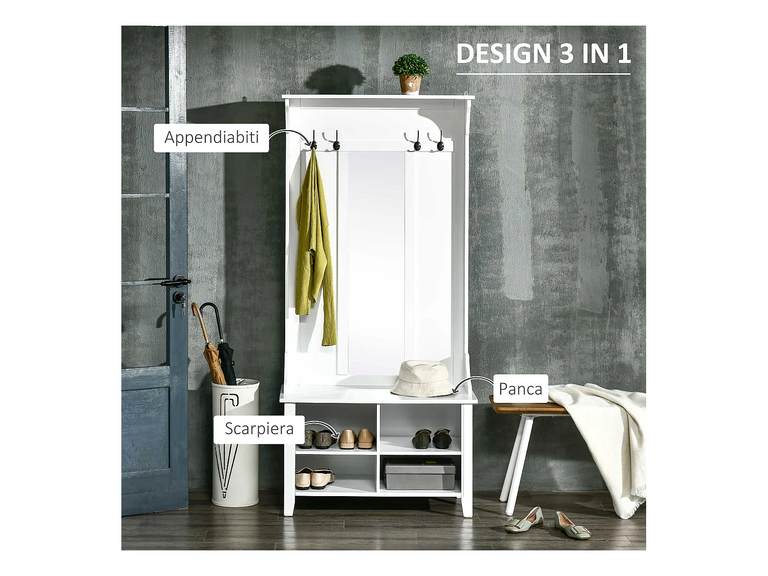 Appendiabiti attaccapanni con specchio e scarpiera in legno bianco