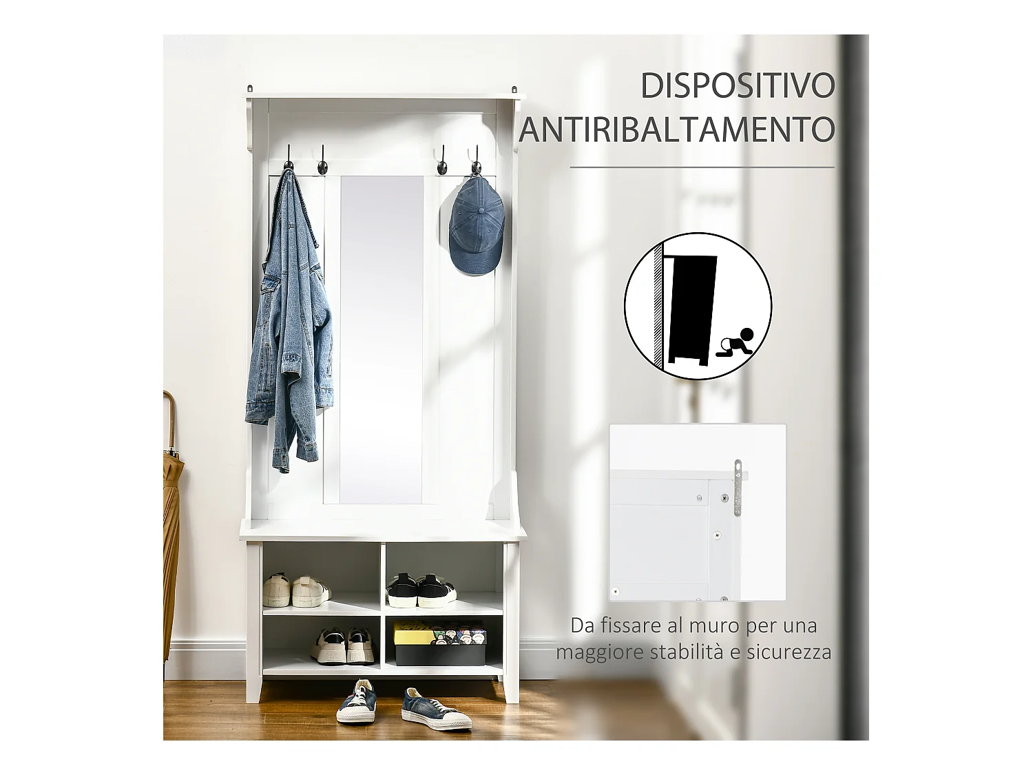 Appendiabiti attaccapanni con specchio e scarpiera in legno bianco