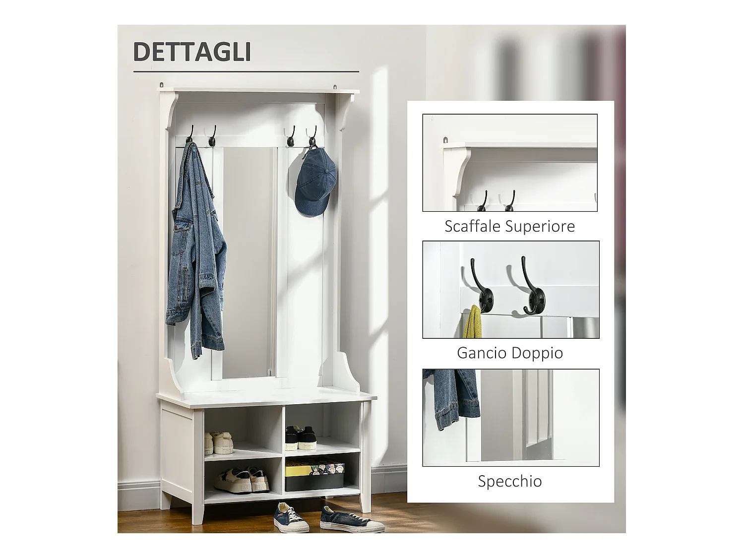 Appendiabiti attaccapanni con specchio e scarpiera in legno bianco