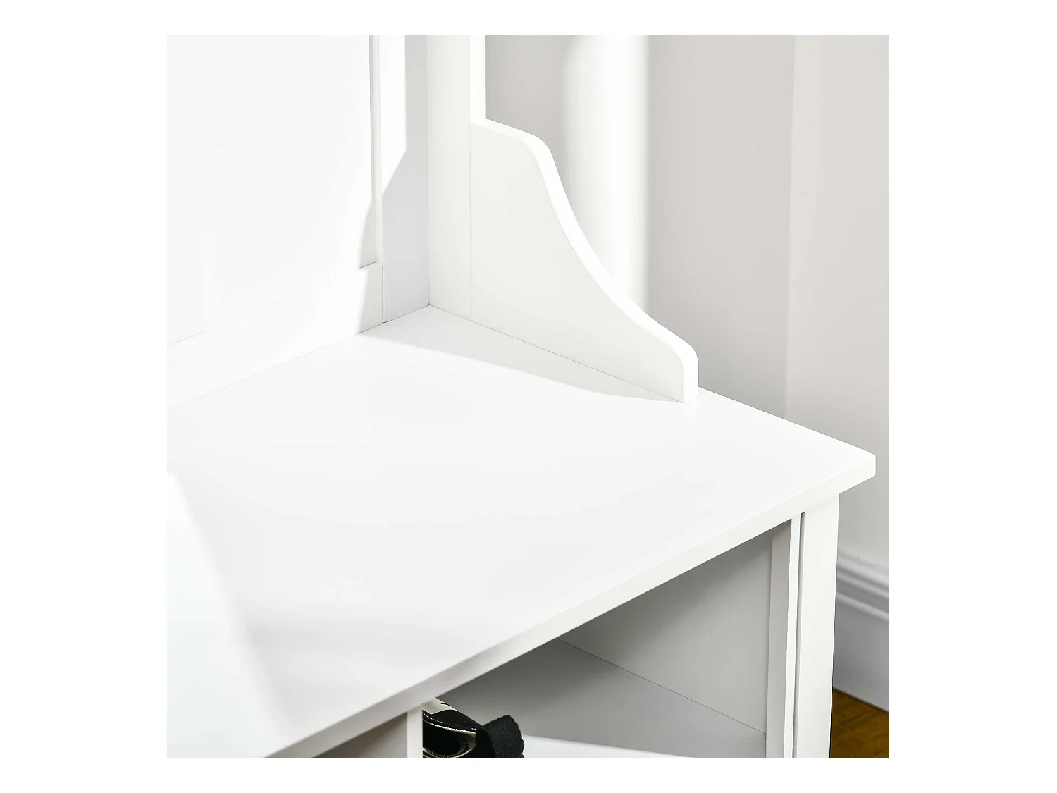 Appendiabiti attaccapanni con specchio e scarpiera in legno bianco