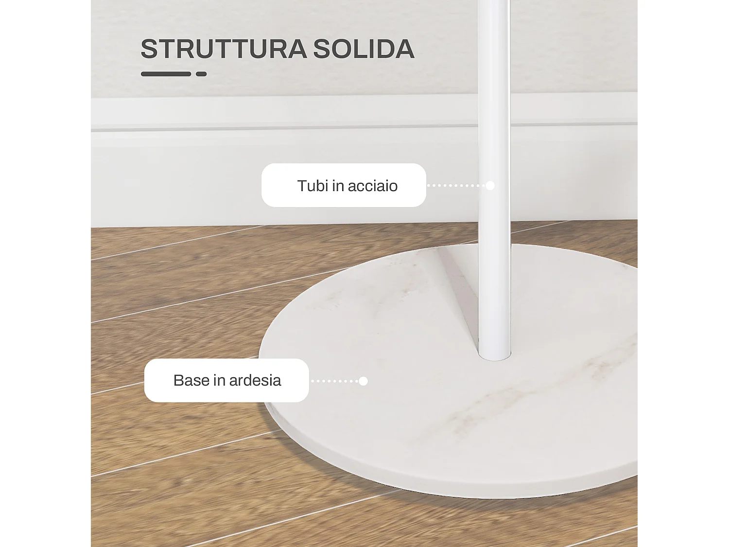 Appendiabiti da terra con 6 ganci in acciaio e base in ardesia bianco