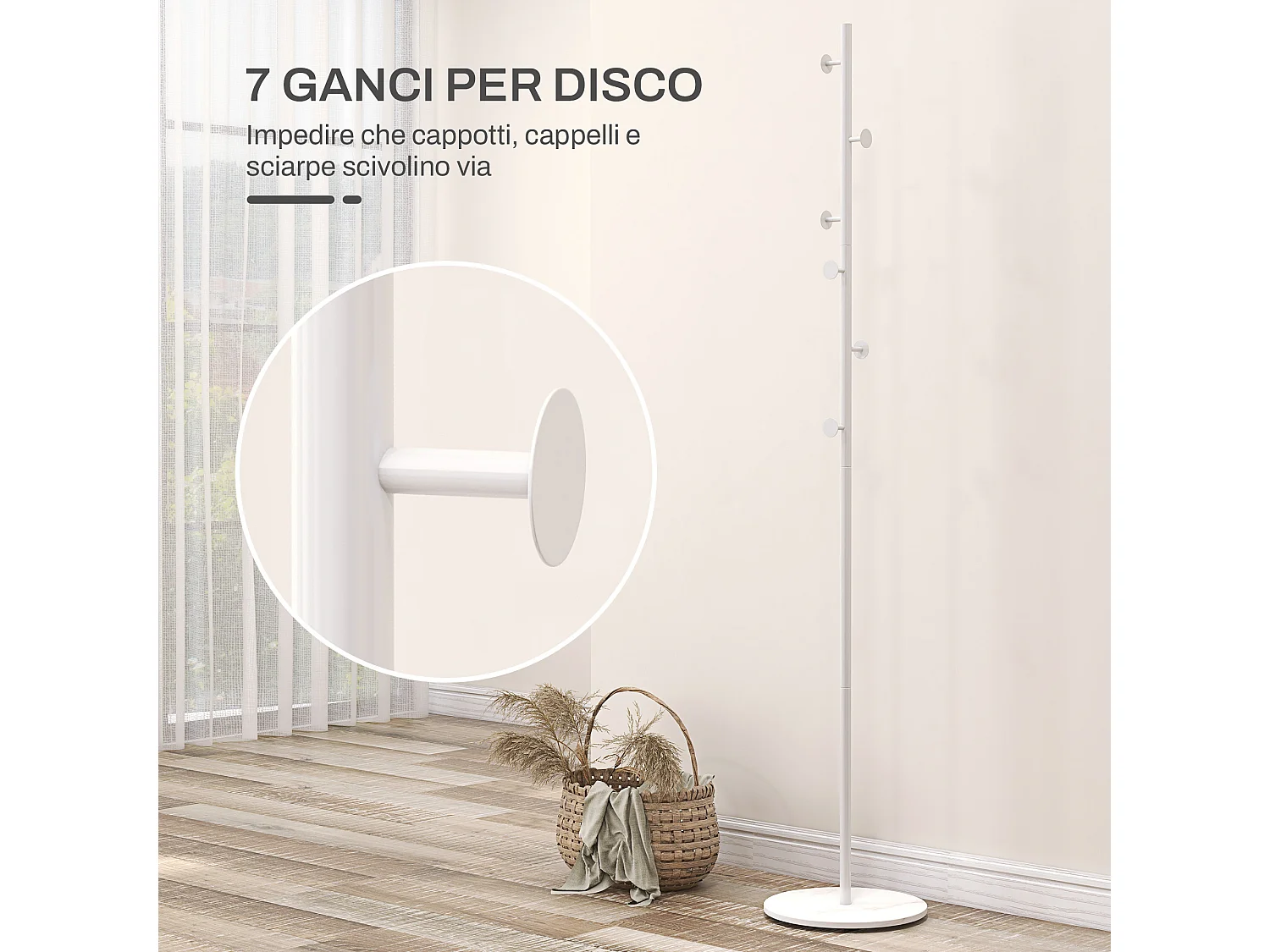 Appendiabiti da terra con 6 ganci in acciaio e base in ardesia bianco