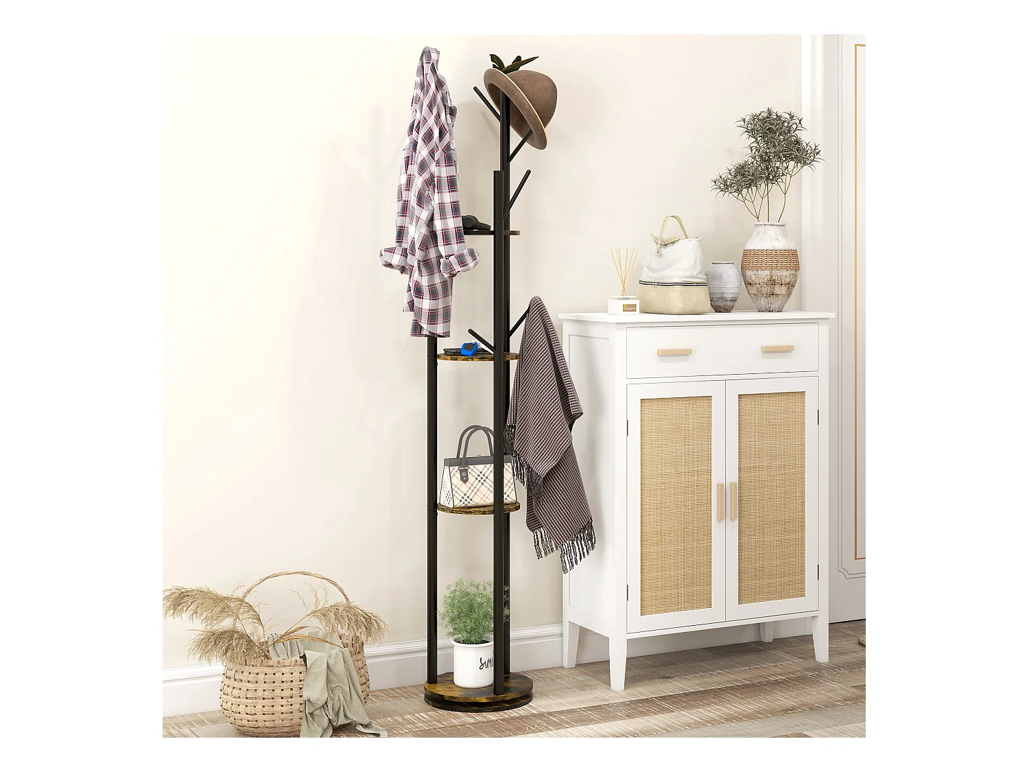 Appendiabiti da terra girevole 8 ganci e 4 mensole stile industriale