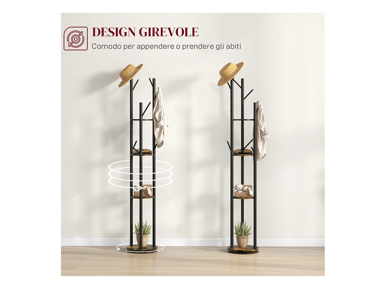 Appendiabiti da terra girevole 8 ganci e 4 mensole stile industriale
