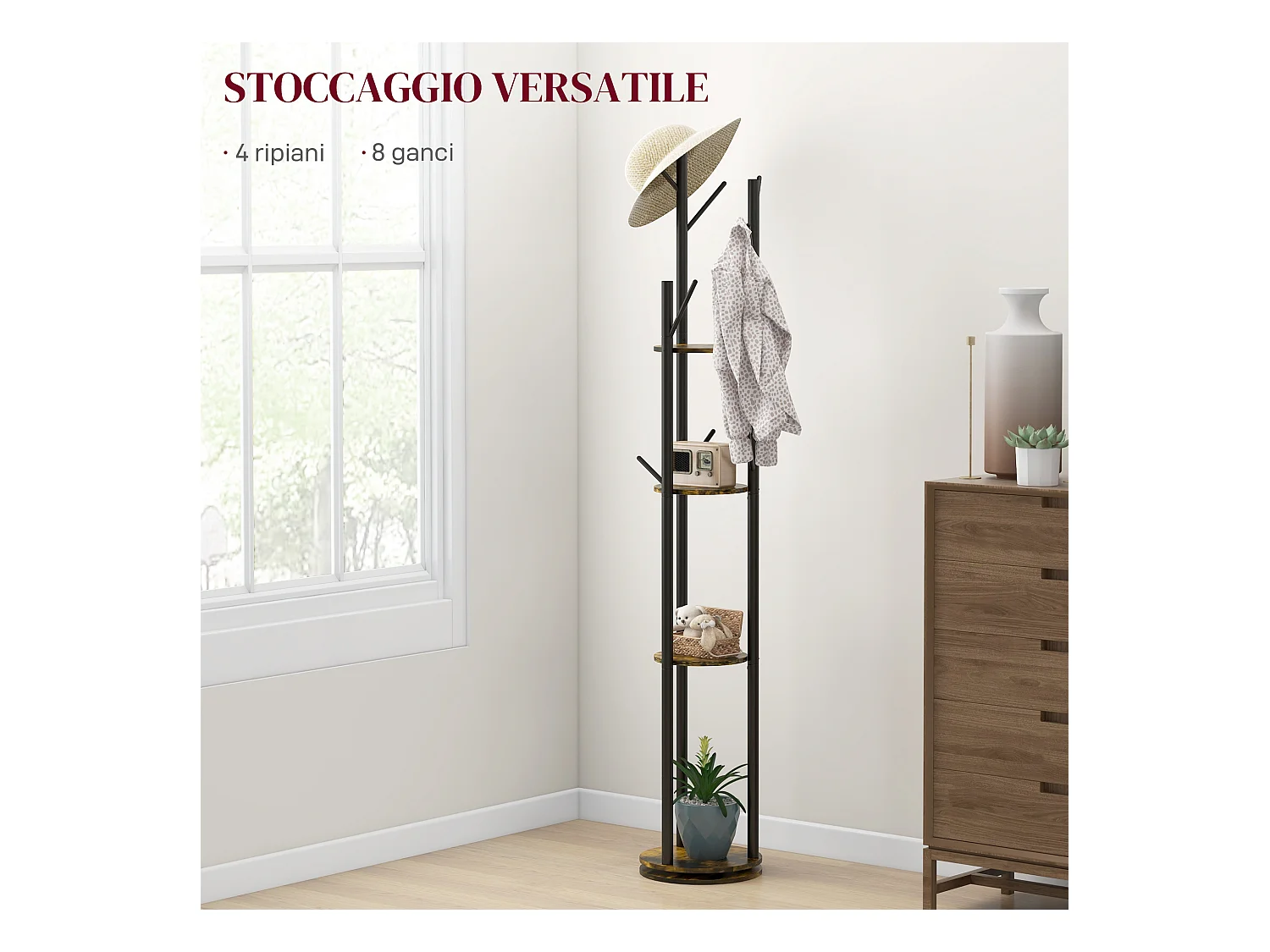 Appendiabiti da terra girevole 8 ganci e 4 mensole stile industriale