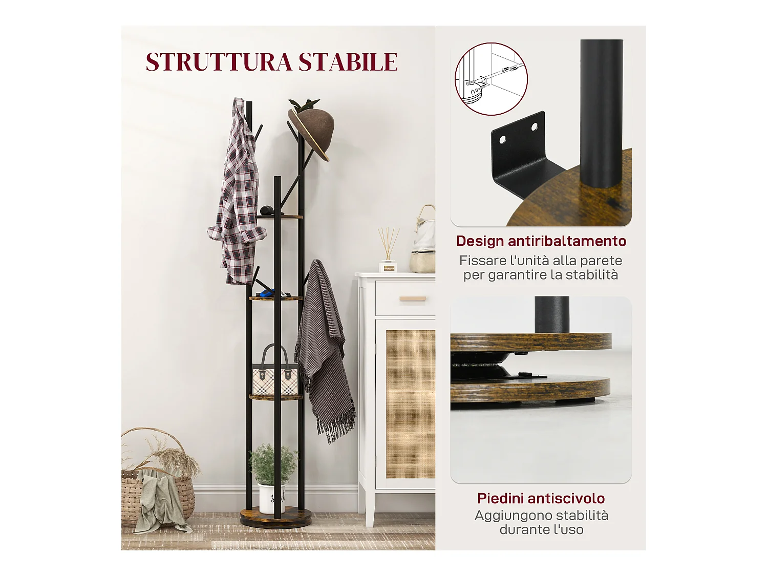 Appendiabiti da terra girevole 8 ganci e 4 mensole stile industriale