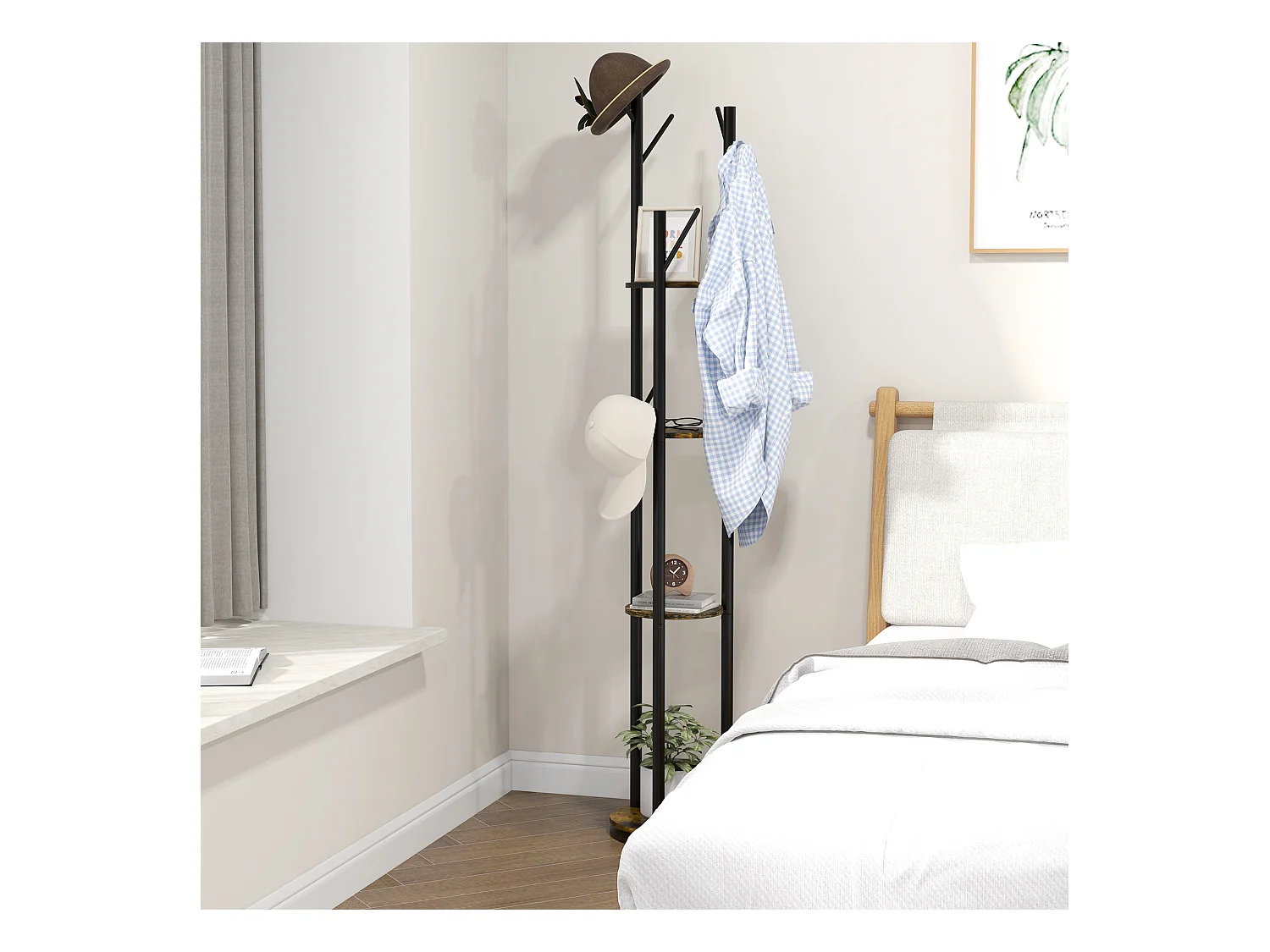 Appendiabiti da terra girevole 8 ganci e 4 mensole stile industriale