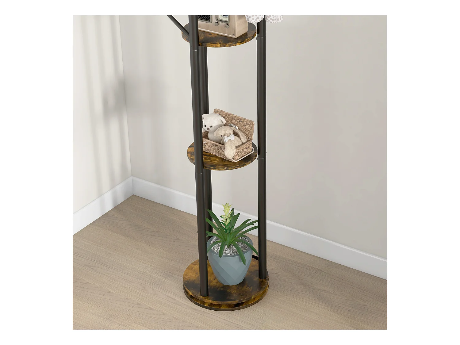 Appendiabiti da terra girevole 8 ganci e 4 mensole stile industriale