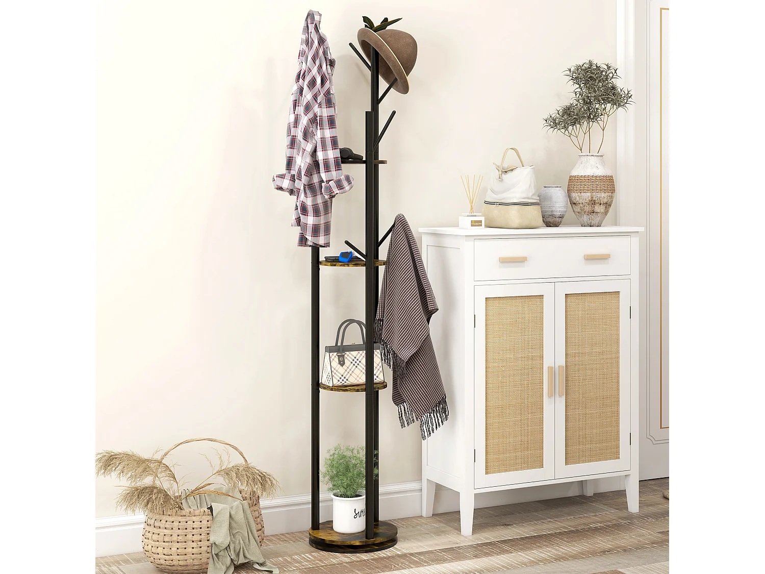 Appendiabiti da terra girevole 8 ganci e 4 mensole stile industriale