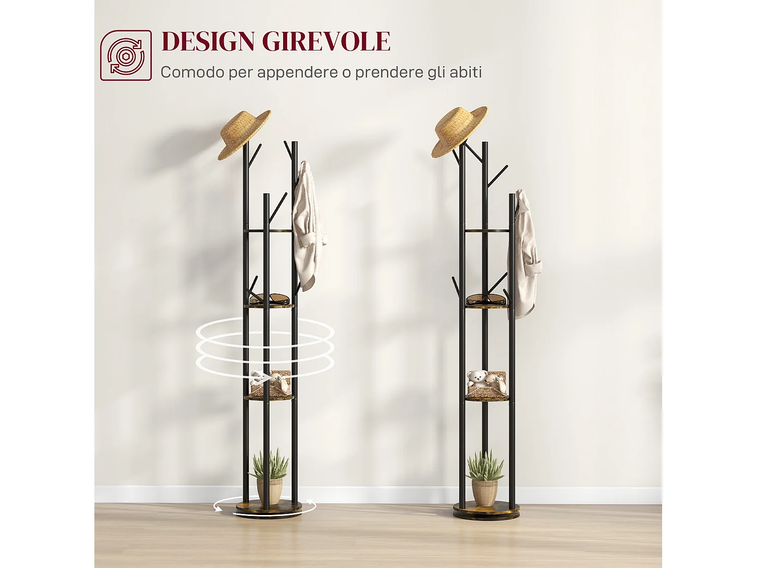 Appendiabiti da terra girevole 8 ganci e 4 mensole stile industriale