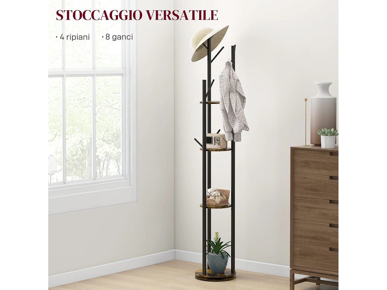 Appendiabiti da terra girevole 8 ganci e 4 mensole stile industriale