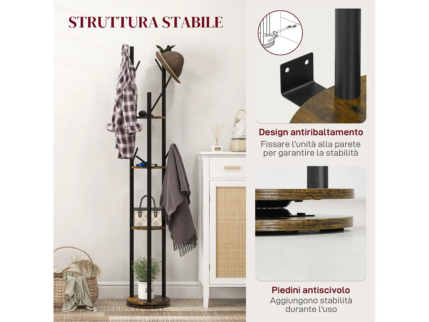 Appendiabiti da terra girevole 8 ganci e 4 mensole stile industriale