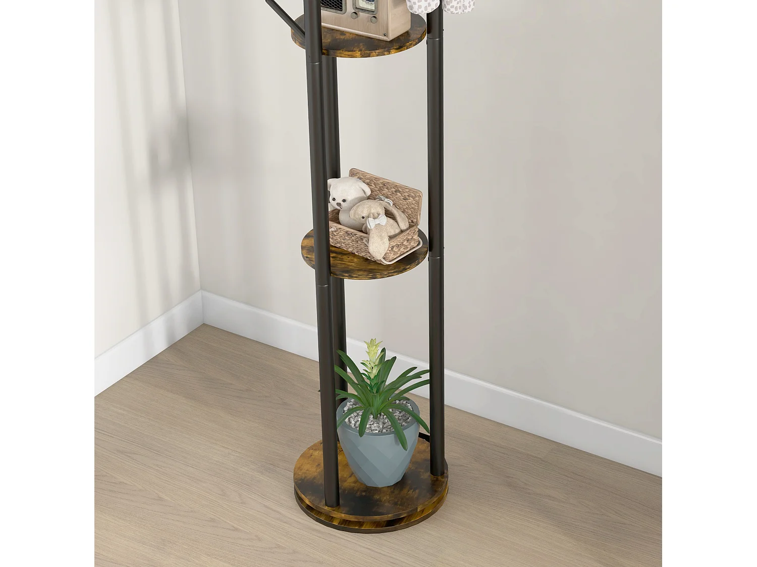 Appendiabiti da terra girevole 8 ganci e 4 mensole stile industriale