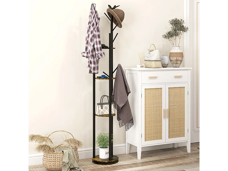 Appendiabiti da terra girevole 8 ganci e 4 mensole stile industriale