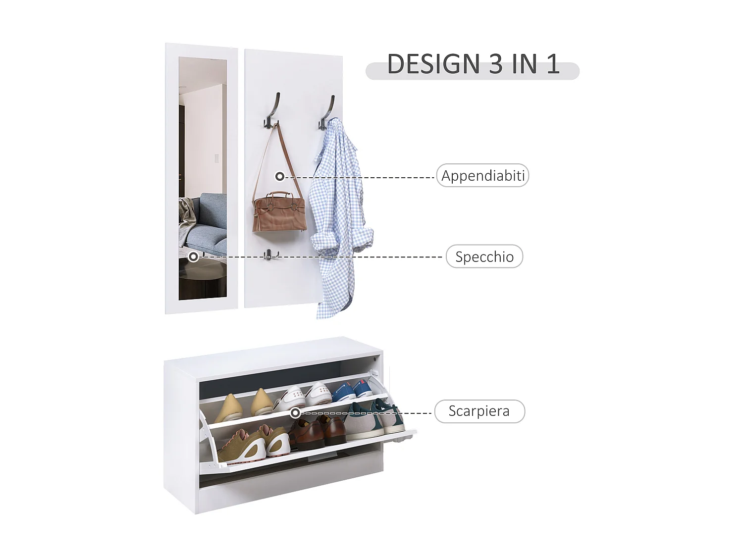 Mobile per ingresso set 3 pezzi 80x27x46.5cm in legno bianco