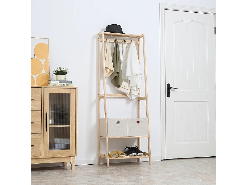 Appendiabiti in legno naturale 4 ganci 3 mensole 2 cassetti