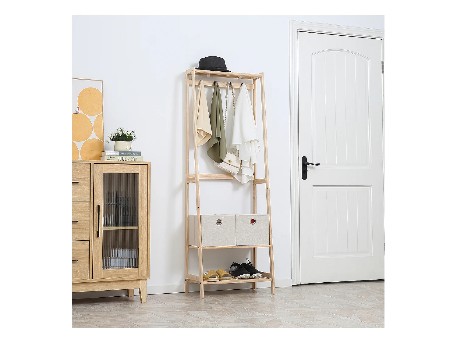 Appendiabiti in legno naturale 4 ganci 3 mensole 2 cassetti