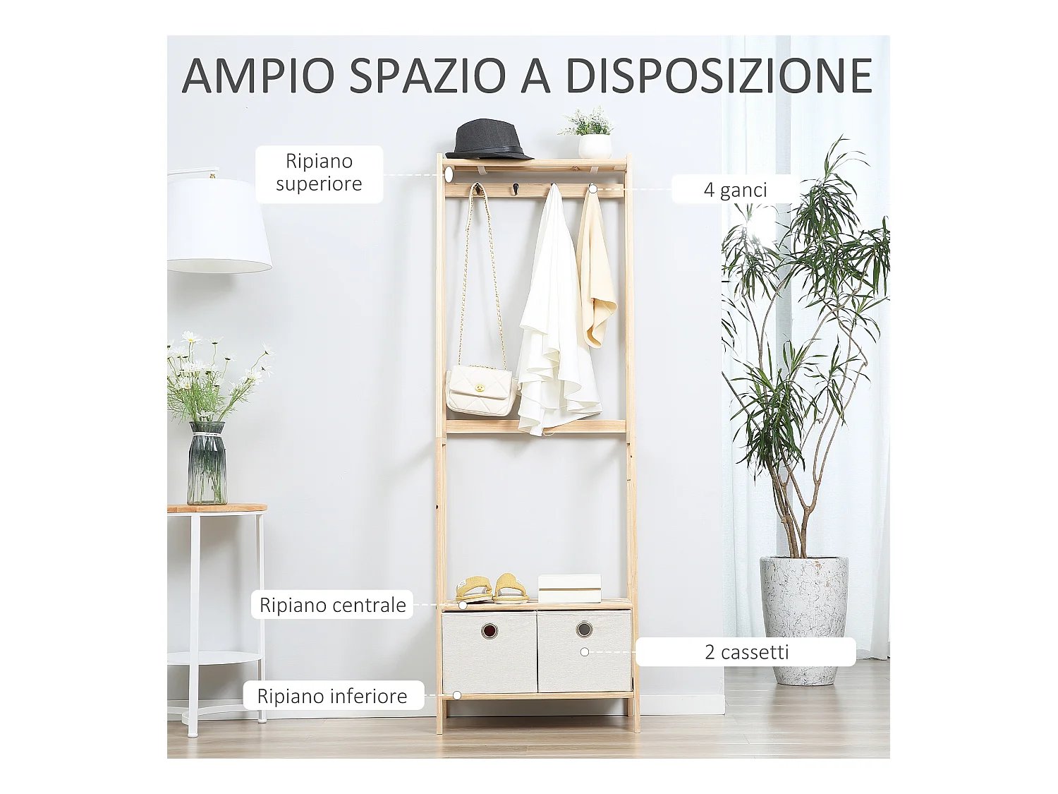 Appendiabiti in legno naturale 4 ganci 3 mensole 2 cassetti