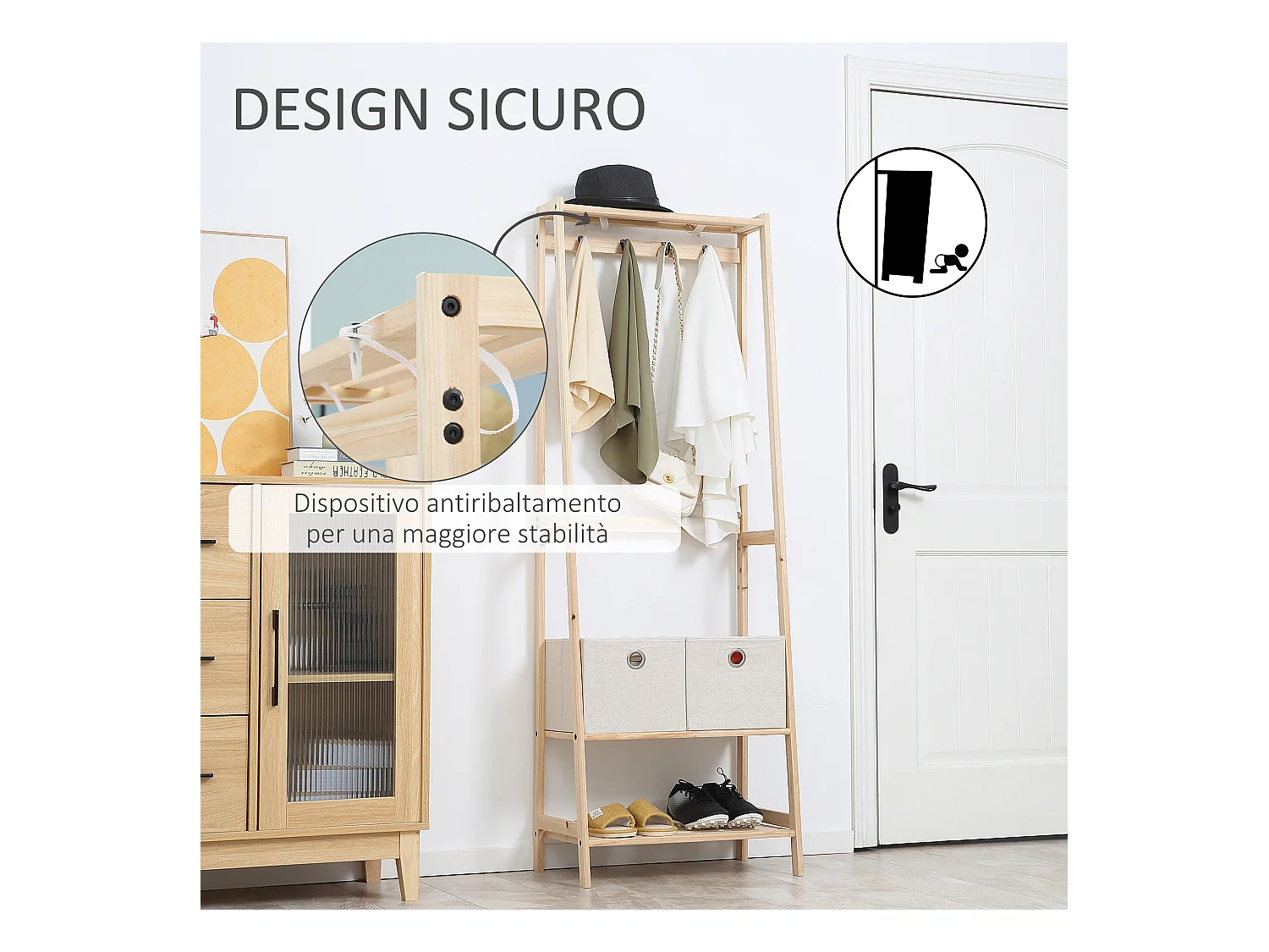 Appendiabiti in legno naturale 4 ganci 3 mensole 2 cassetti