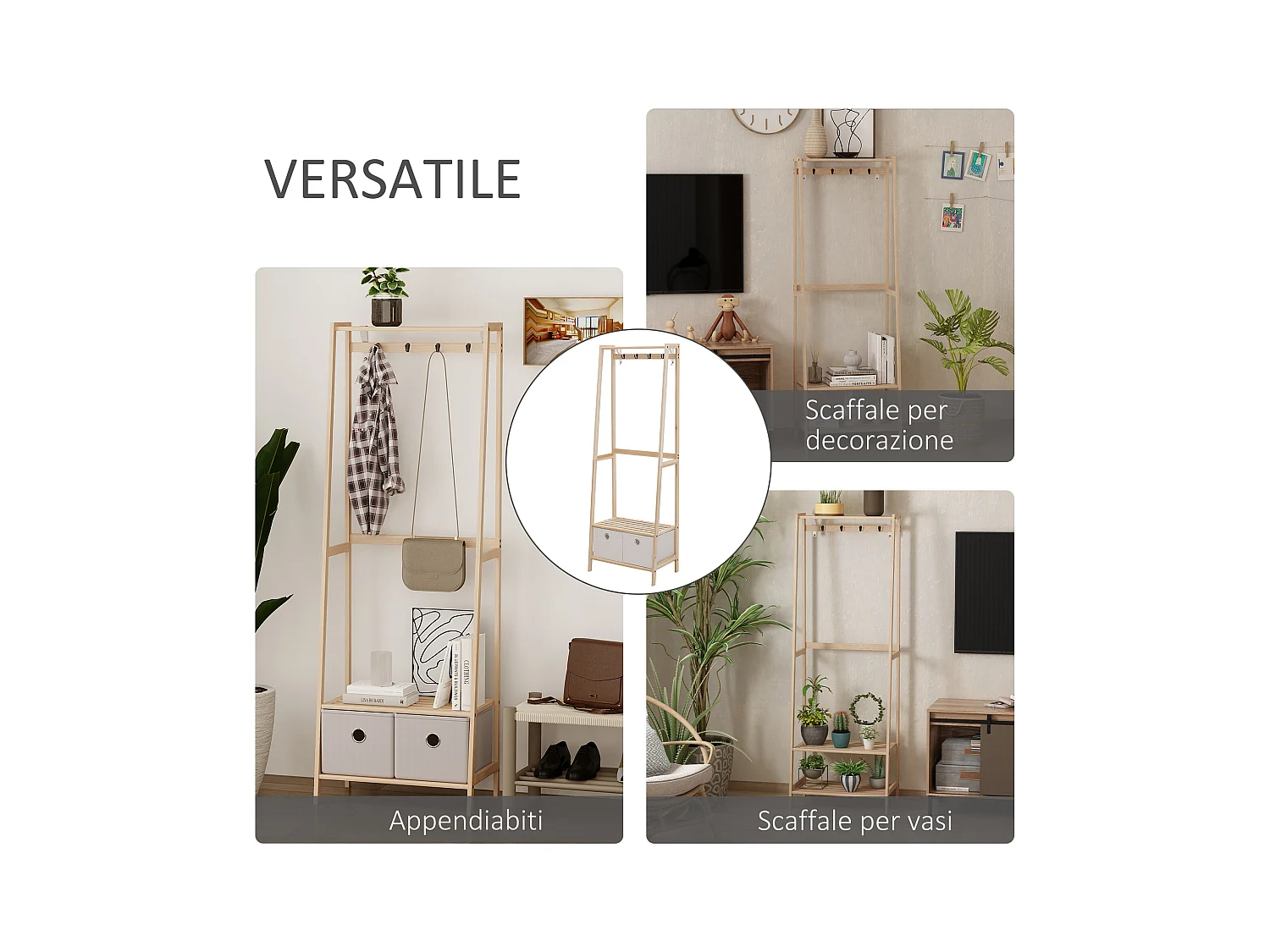 Appendiabiti in legno naturale 4 ganci 3 mensole 2 cassetti