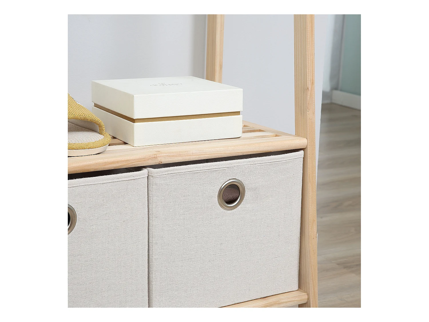 Appendiabiti in legno naturale 4 ganci 3 mensole 2 cassetti