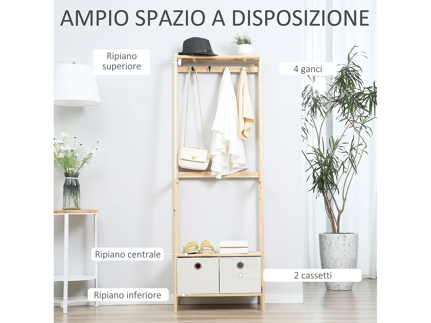 Appendiabiti in legno naturale 4 ganci 3 mensole 2 cassetti