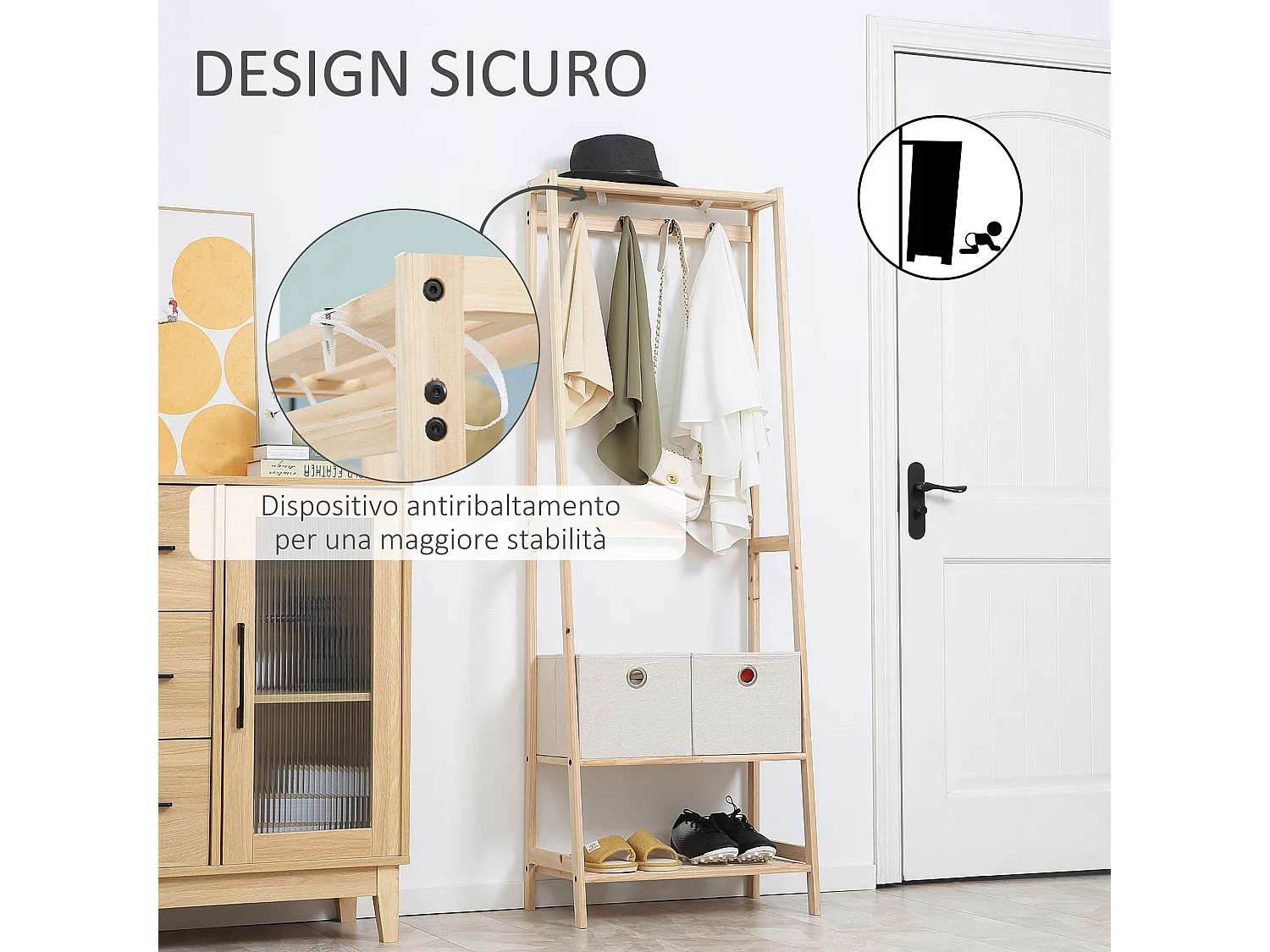 Appendiabiti in legno naturale 4 ganci 3 mensole 2 cassetti