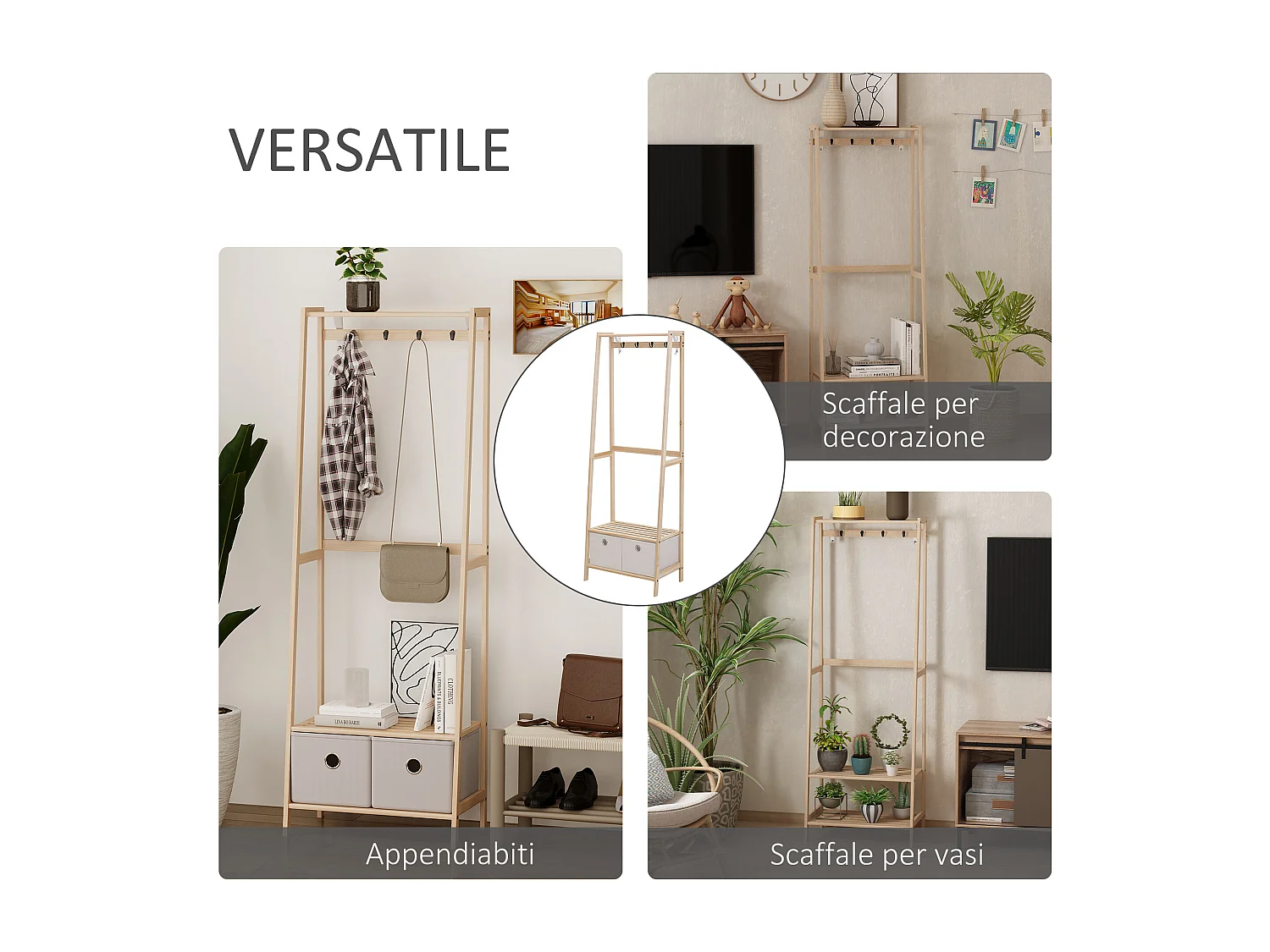 Appendiabiti in legno naturale 4 ganci 3 mensole 2 cassetti