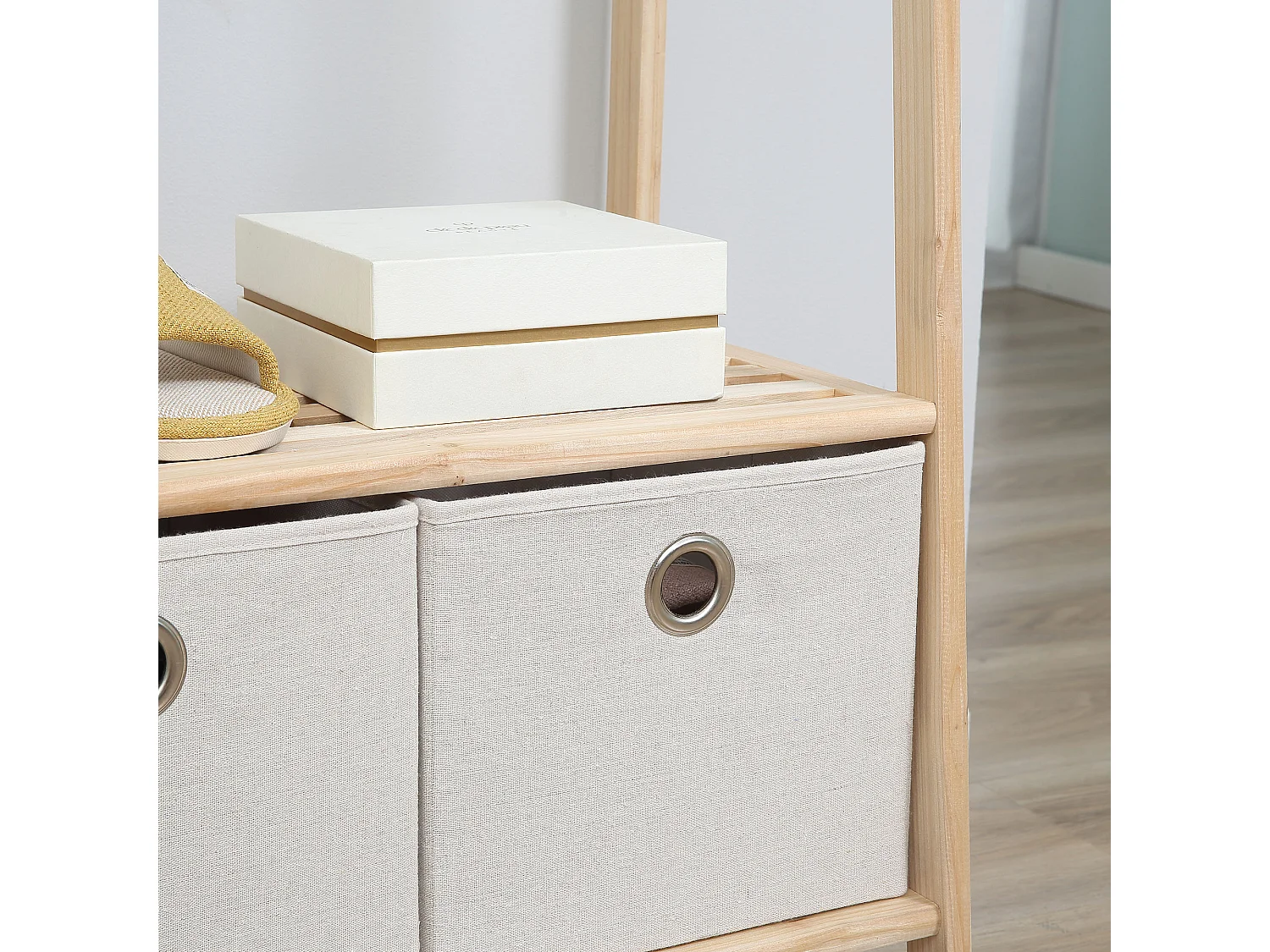 Appendiabiti in legno naturale 4 ganci 3 mensole 2 cassetti