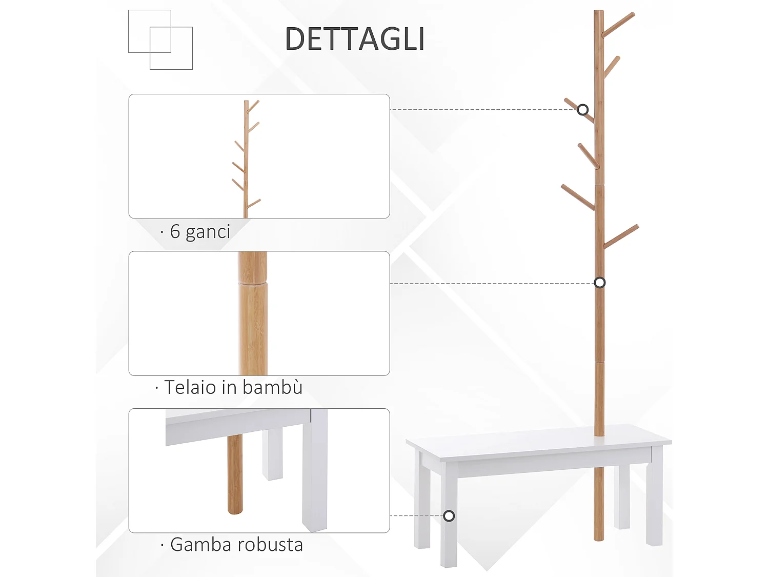 Panca con appendiabiti attaccapanni bambù bianco legno