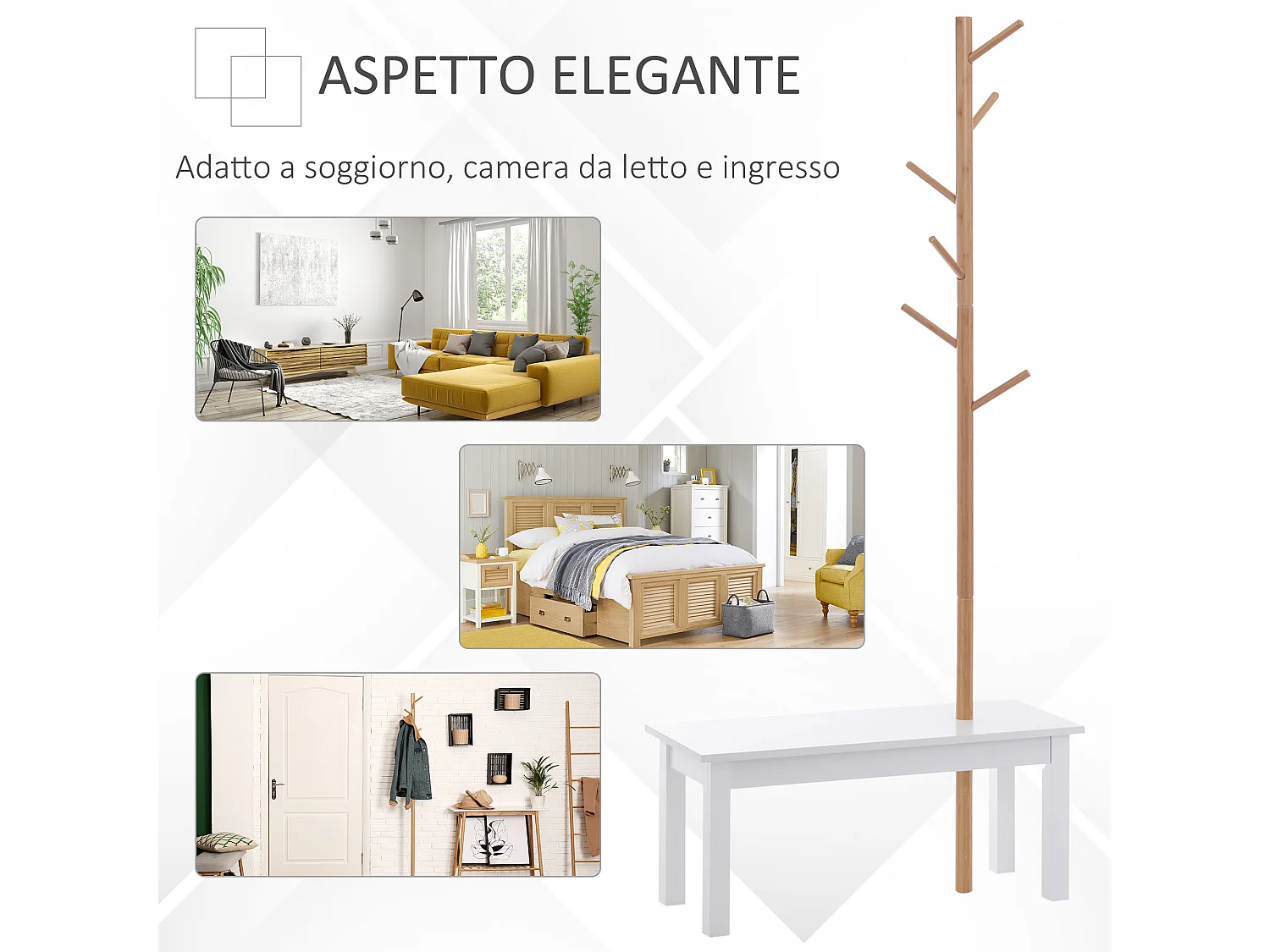 Panca con appendiabiti attaccapanni bambù bianco legno