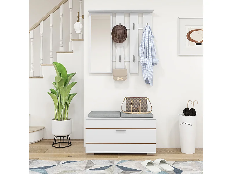 Set da ingresso con appendiabiti specchio panca e scarpiera bianco