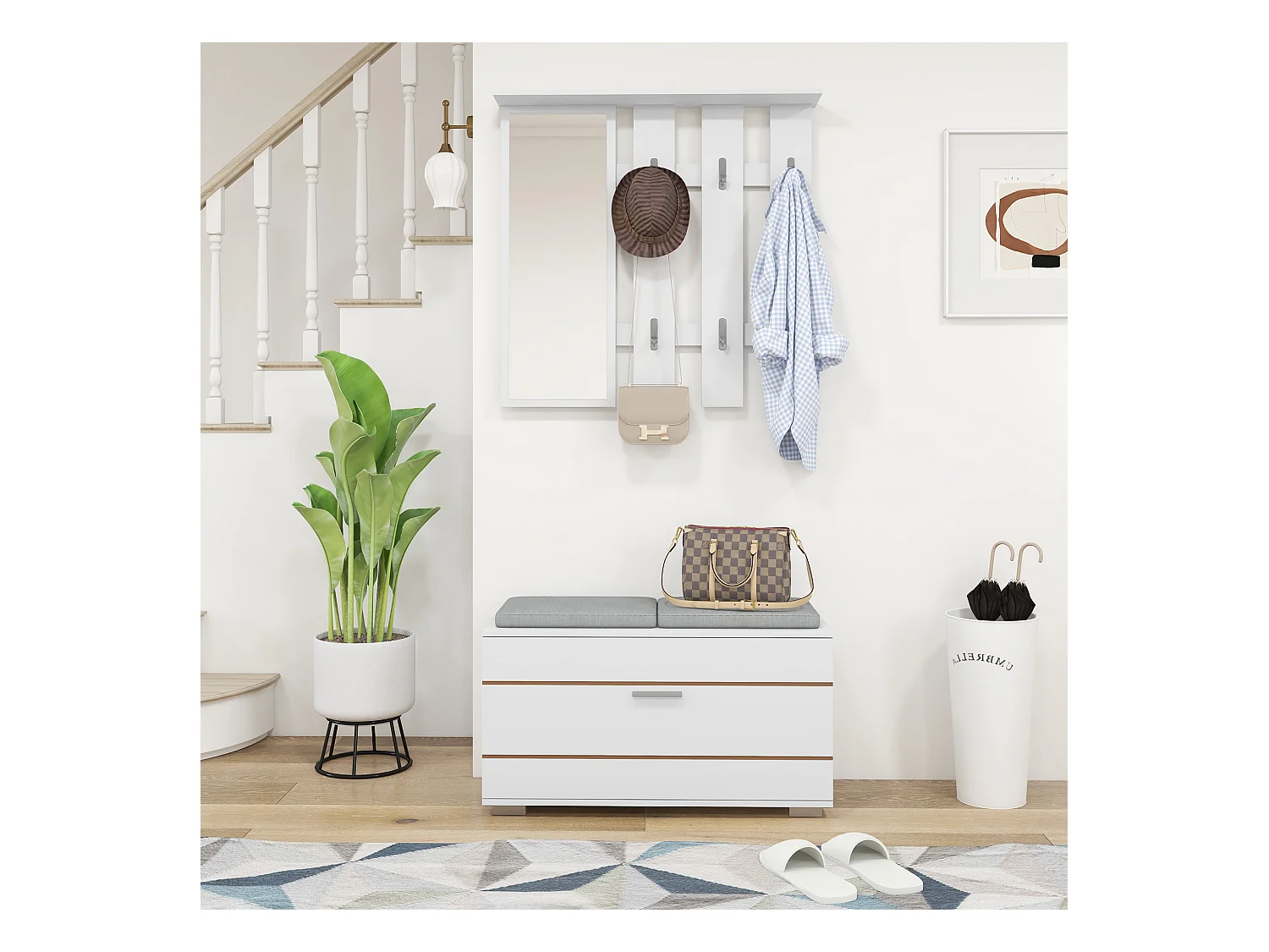 Set da ingresso con appendiabiti specchio panca e scarpiera bianco