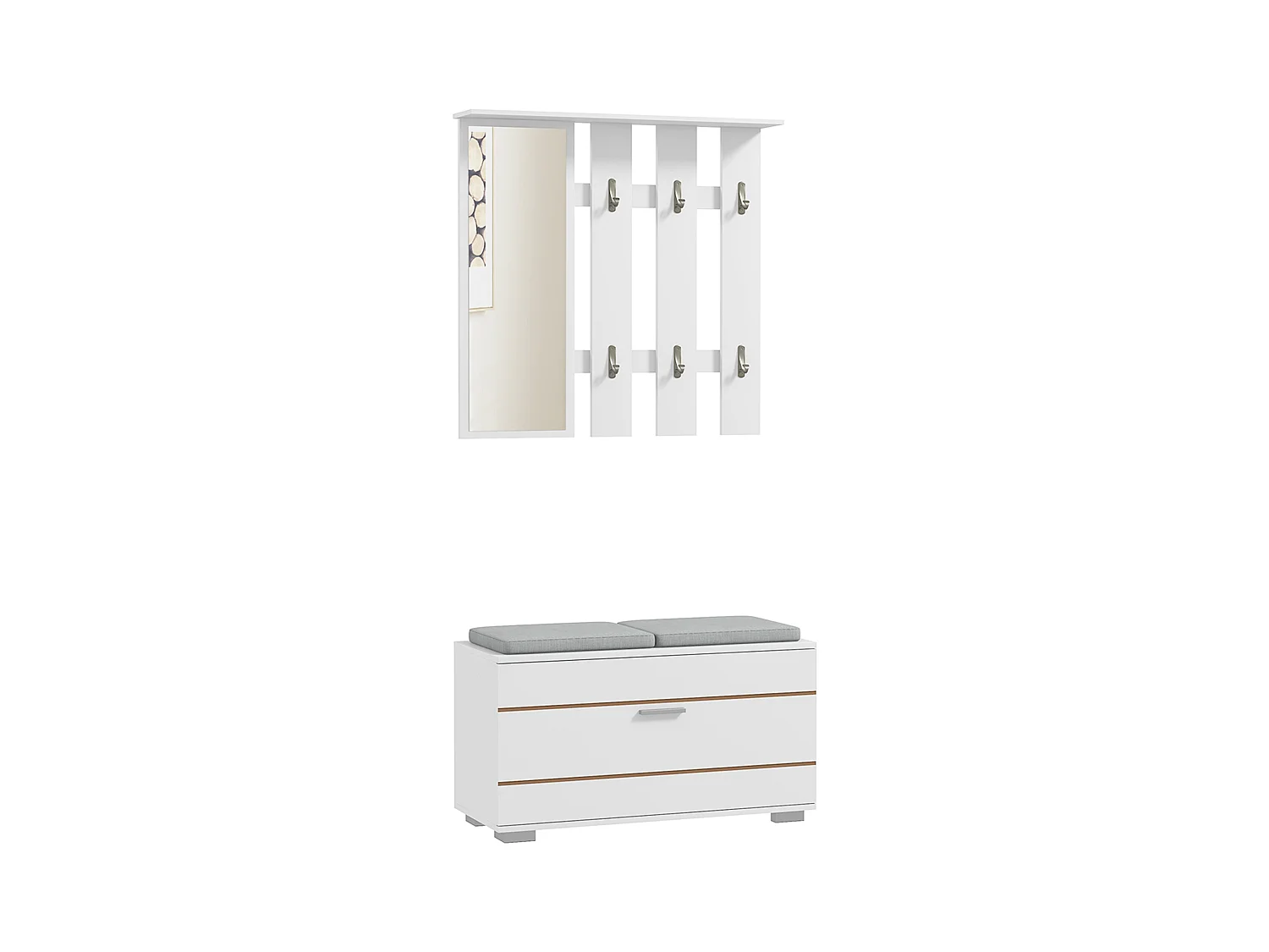 Set da ingresso con appendiabiti specchio panca e scarpiera bianco
