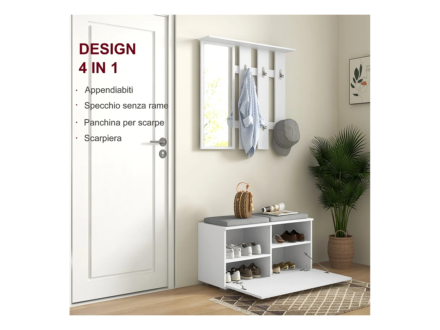 Set da ingresso con appendiabiti specchio panca e scarpiera bianco