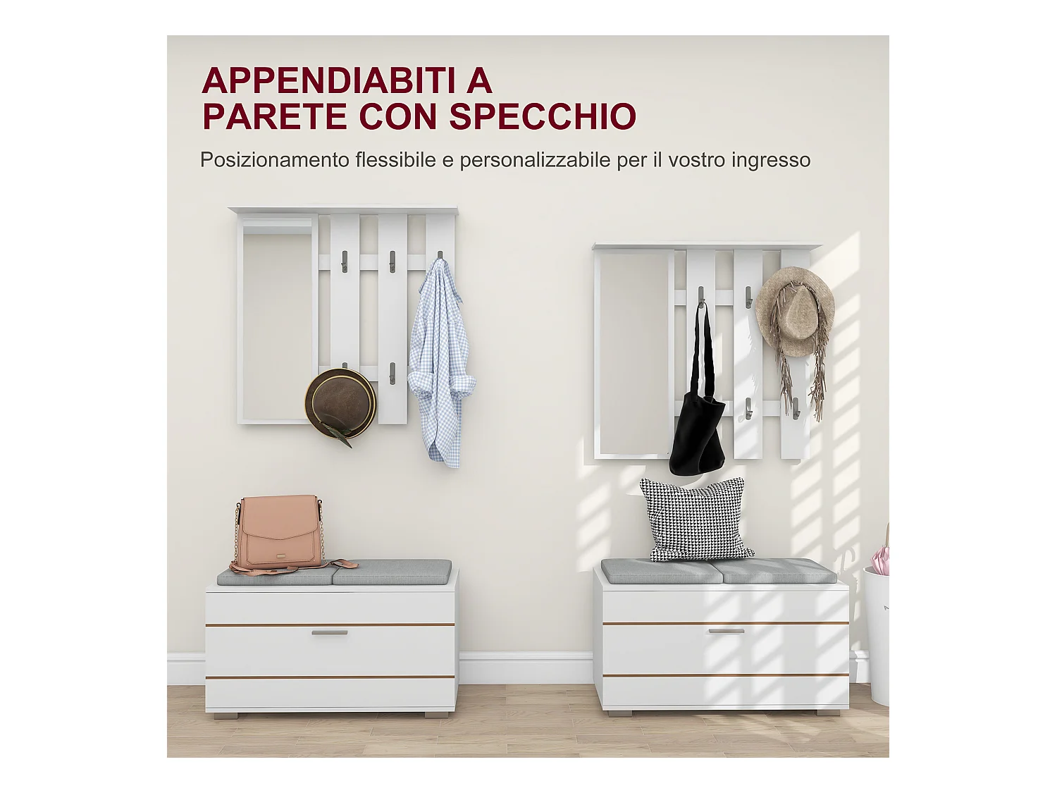 Set da ingresso con appendiabiti specchio panca e scarpiera bianco