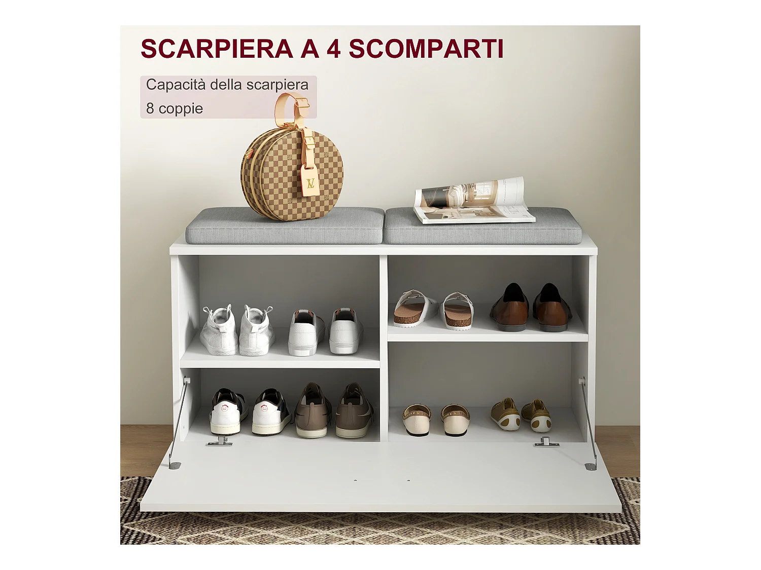 Set da ingresso con appendiabiti specchio panca e scarpiera bianco