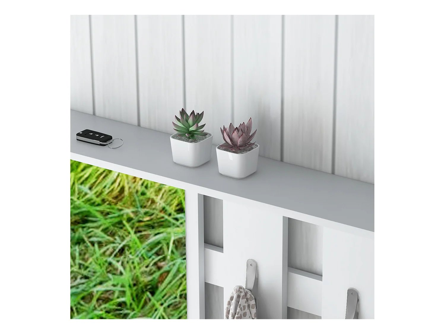 Set da ingresso con appendiabiti specchio panca e scarpiera bianco